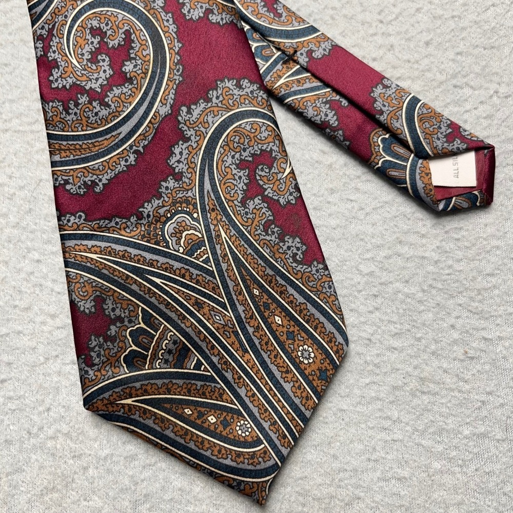 Pierre Cardin Silk Tie Burgundy Gold Grey Navy Large Paisley Pattern shiny